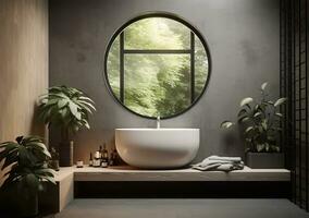Ai Generated Opulent bathroom with a freestanding white bathtub, double black sinks on a black marble countertop, and a walk-in shower with a glass door and black rain showerhead. photo
