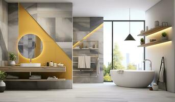 Ai Generated Luxurious bathroom with a freestanding white bathtub, double black sinks on a black marble countertop, and a walk-in shower with a glass door and black rain showerhead. photo