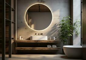 Ai Generated bathroom with a freestanding white bathtub, crystal chandelier, and marble floors. The bathtub is surrounded by potted plants and candles, creating a relaxing and inviting atmosphere. photo