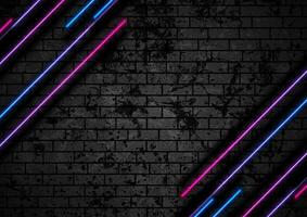 azul púrpura neón tecnología líneas en ladrillo grunge pared vector