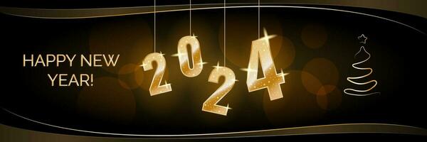 Happy New 2024 Year background and banner, with golden numbers, text greeting and glitter decorations. Vector illustration.