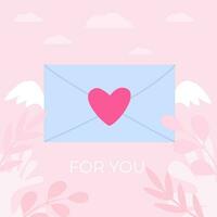 Valentine's day banner, poster, background. Letter with wings flies across the sky. Concept of love, wedding, support, friendship. Vector illustration.