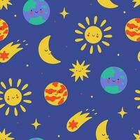 Space seamless pattern with sun, moon, stars, planets. Vector graphics.