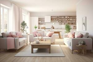 ai generating photo of Scandinavian living room with white sectional couch, wood coffee table, rug, and large windows. The white sectional couch is the focal point of the room