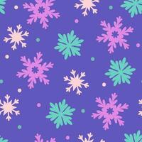 Seamless winter pattern with snowflakes on a purple background. Vector graphics.