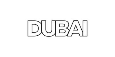 Dubai in the United Arab Emirates emblem. The design features a geometric style, vector illustration with bold typography in a modern font. The graphic slogan lettering.