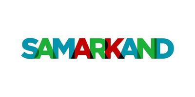 Samarkand in the Uzbekistan emblem. The design features a geometric style, vector illustration with bold typography in a modern font. The graphic slogan lettering.