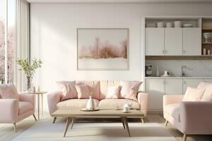 ai generating photo of Spacious living room with pink couch, two chairs, and a painting of a cherry blossom forest, creating a serene and calming space. The pink couch is the focal point of the room