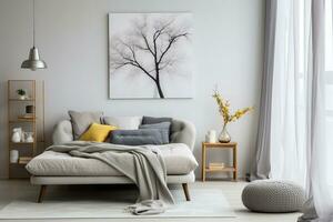 ai generating photo of eclectic living room with blue velvet couch, patterned rug, gallery wall, and large windows . The blue velvet couch is the focal point of the room, and the patterned rug