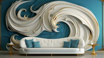 ai generating photo of Bright and airy living room with a white couch, blue pillows, and a large wave painting on a blue wall. The couch is topped with plush pillows in shades of white and blue