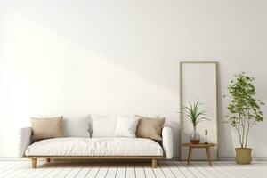 ai generating photo of Sleek and stylish mid-century modern living room with a white couch, brown coffee table, and colorful rug. The couch is placed against a light gray wall