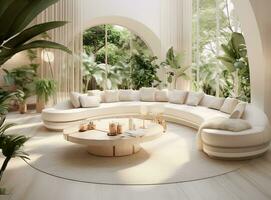 ai generating photo of Cozy and bohemian living room with a colorful couch, patterned rug, and a variety of unique decor items. The couch is topped with plush pillows in different colors and patterns
