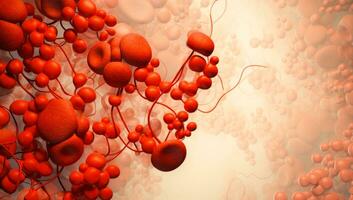 AI generated Crimson blood components within the human organism. An abundance of blood cells. Wafting unrestrained. Within the human frame photo