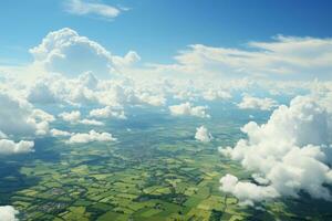 AI generated Overhead perspective of the urban landscape and agricultural expanses. Aerial vista peeking through the cloud photo