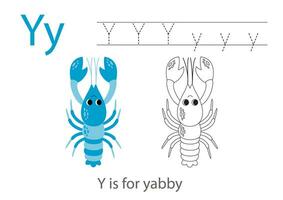 Tracing alphabet letters with cute animals. Color cute yabby. Trace letter Y. vector