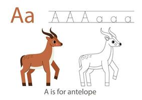 Tracing alphabet letters with cute animals. Color cute brown antelope. Trace letter A. vector