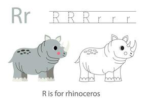 Tracing alphabet letters with cute animals. Color cute rhinoceros. Trace letter R. vector