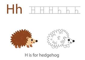 Tracing alphabet letters with cute animals. Color cute hedgehog. Trace letter H. vector