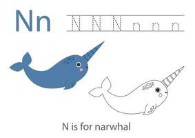 Tracing alphabet letters with cute animals. Color cute narwhal. Trace letter N. vector