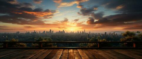 AI generated Scene and an Unoccupied Wooden Deck. A cityscape captured alongside an unused wooden deck, offering a scenic view. photo