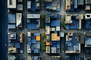 ai generado ojo de pájaro perspectiva capturar el paisaje urbano desde arriba. conceptualización de el real inmuebles y corporativo edificio industria foto