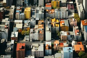 ai generado hacia el cielo panorama revelando el de la ciudad horizonte. demostración de el real inmuebles y corporativo edificio sector - un exhaustivo ojo de pájaro ver de el contemporáneo ciudad arquitectura. foto