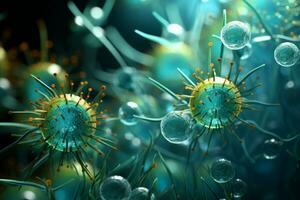 AI generated Viruses, bacteria macro, microbiology concept, Medical  of body cells microscopic photo