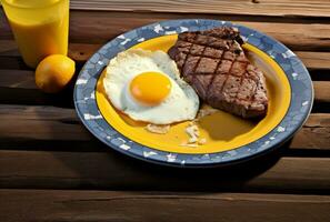 AI generated Scrambled eggs and steak on a plate photo