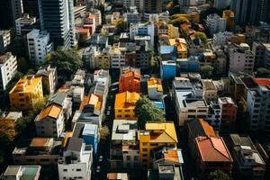 ai generado alta altitud perspectiva abarcando el de la ciudad describir. representación de el real inmuebles y corporativo edificio sector - un exhaustivo ojo de pájaro ver de el contemporáneo paisaje urbano foto