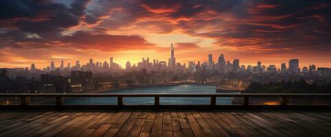 AI generated Urban Scene and an Unoccupied Wooden Deck A cityscape captured alongside an unused wooden deck, offering a scenic view. photo