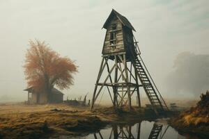 AI generated Old wooden tower with stairs in the fog near the lake photo