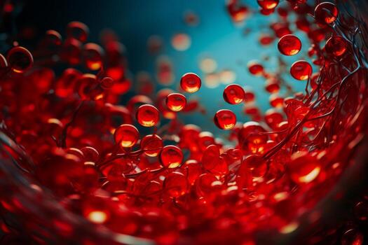AI generated Ruby-hued cells circulating within the human system. An excess of blood cells. Drifting unbound. Inside the human structure. Life biology, microbial analysis, internal anatomy. photo