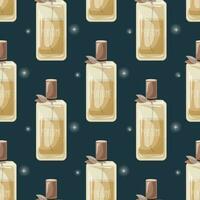 Glass elegant bottle of fragrant perfume. Vector seamless pattern, cartoon eau de parfum.