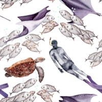 sömlös mönster med fiskar, jätte mussla, sköldpadda och en mänsklig dykare. hand dragen vattenfärg illustration isolerat på transparent bakgrund. för dykning broschyrer, omslag och tapet, kort, textil- png