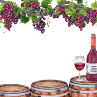 frontera marco con vino vaso y botella, de madera barril debajo racimos de uvas con verde hojas en vino rama. mano dibujado acuarela ilustración aislado en transparente antecedentes. tarjeta diseño. png