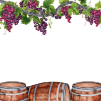 Border frame with bunches of grapes on vine and wine barrels. Watercolor illustration isolated on transparent background. Card design png