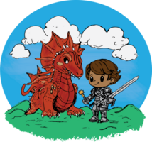 Boy knight standing next to a red dragon, cartoon illustration, grass and blue sky png