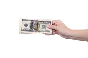 Hand gives stack of money on the right . Money in a hand isolated on transparent background png