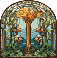 kunst nouveau stijl gebrandschilderd glas bloemen venster, oranje en wit lelies met wijnstokken png