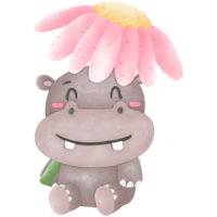 Hippopotamus with pink flower umbrella png