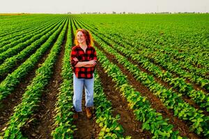 Portrait of female farmer who is cultivating soybean. She is satisfied with good progress of plants. Agricultural occupation. photo
