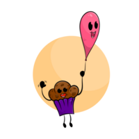 kawaii chocolate muffin holding a happy pink balloon and flying in the air. png