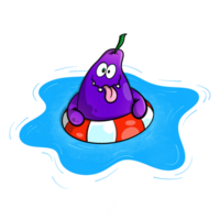 Funny face eggplant with a life belt floating on a water swimming pool. png