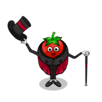 A cute tomato actor wearing a hat and a black suit with a cloak and is acting on a stage. png