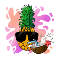 Cool pineapple with sunglasses drinking coconut juice with a straw. png