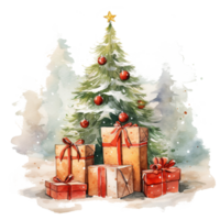 ai generato acquerello Natale albero con regalo scatole e giocattoli. acquerello Vintage ▾ verde classico Natale albero. vacanza illustrazione per disegno, Stampa, tessuto ai generazione png