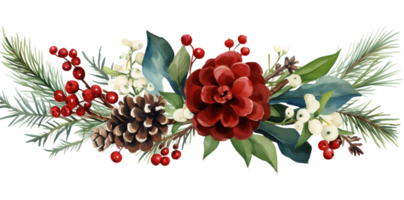 AI generated Christmas ornaments by painting branches with watercolors on a transparent background, including tree branches and holly sprigs adorned with red berries. AI Generation png