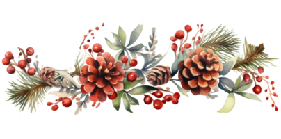 AI generated Christmas ornaments by painting branches with watercolors on a transparent background, including tree branches and holly sprigs adorned with red berries. AI Generation png