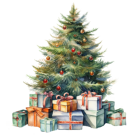 AI generated Watercolor Christmas tree with gift boxes and toys. Watercolor vintage green classic Christmas tree. Holiday illustration for design, print, fabric AI Generation png