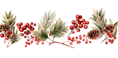 AI generated Christmas ornaments by painting branches with watercolors on a transparent background, including tree branches and holly sprigs adorned with red berries. AI Generation png